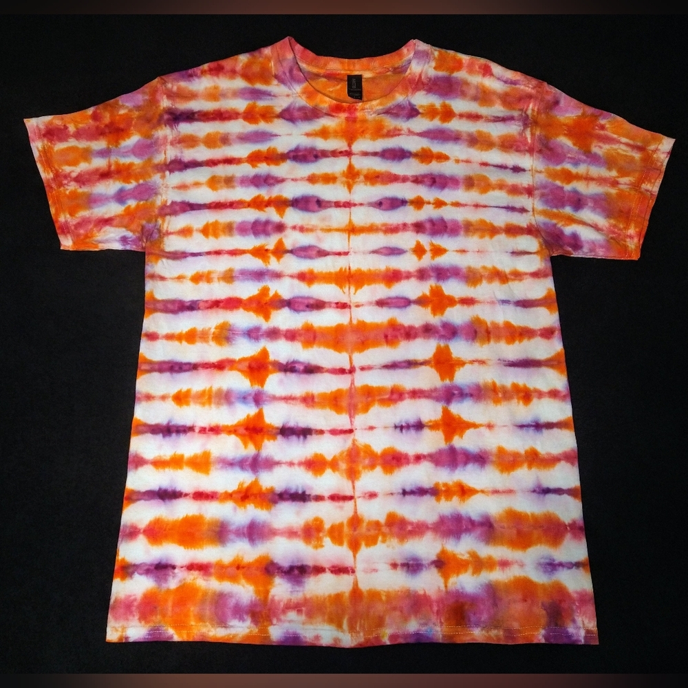 Orange, Pink And Purple Striped Ice Dye Tie Dye T Shirt ~ Sz L